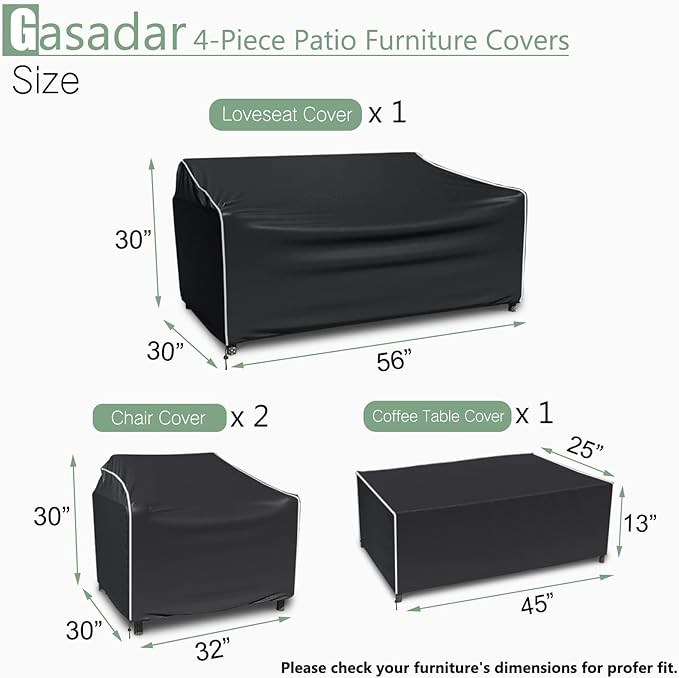 Gasadar Outdoor Furniture Cover Waterproof, 4 Piece Patio Furniture Covers for Patio Loveseat, Chair and Coffee Table, Heavy Duty 600D, Black