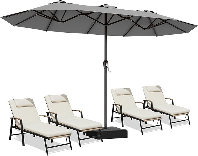 AreShark 15ft Patio Umbrella with Base, Double Sided Outdoor Umbrella with 12 Fiberglass Ribs, Large Outdoor Umbrella for Garden, Pool, Deck, Backyard & Market, Grey