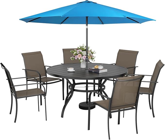 Incbruce 8 PCS Patio Dining Set with Sky Blue Umbrella, Outdoor Dining Set of 6 Textilene Chairs and 53" Round Table with Umbrella Hole for Backyard, Garden, and Poolside (Brown)