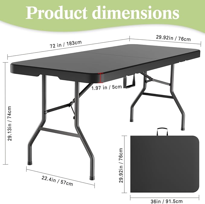 MEI&CO 6ft Heavy-Duty Outdoor Folding Table for 6 - Sturdy HDPE Top, 350lbs Capacity, Foldable Lockable Design, No Assembly - Camping Parties Picnics (Black)