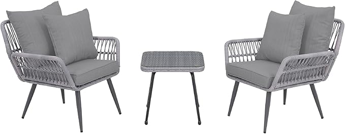 Manhattan Comfort Cannes 3-Piece Patio Conversation Set, Outdoor Furniture | Includes Modern Cushioned Rope Wicker Chairs & End Table, Removable & Washable Cushions, Tempered Glass Tabletop, Grey