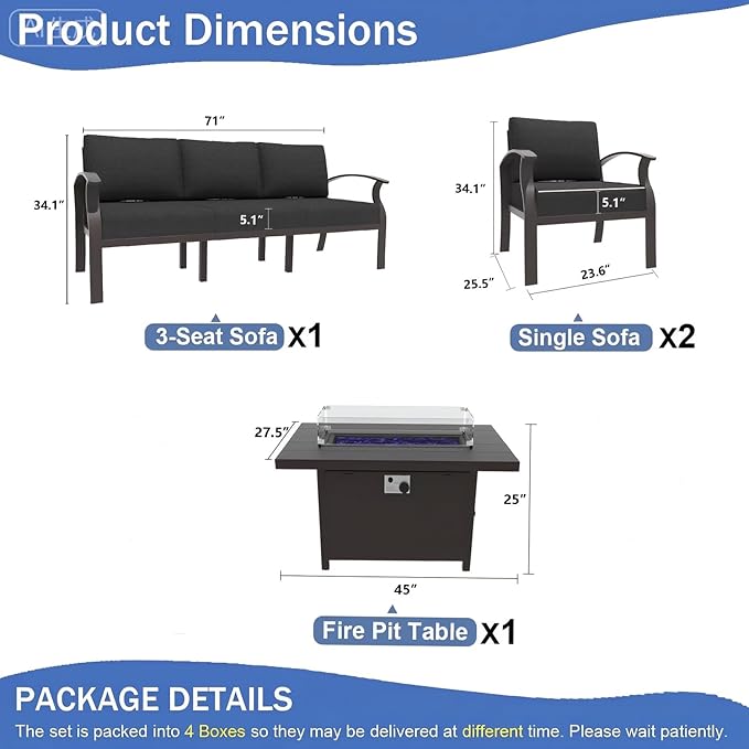 ALAULM Aluminum Patio Furniture Set with Propane Fire Pit Table 5-seat Metal Outdoor Furniture w/Fire Pit Sectional Sofas w/5.1" Cushions for Patio, Backyard, Poolside-Black