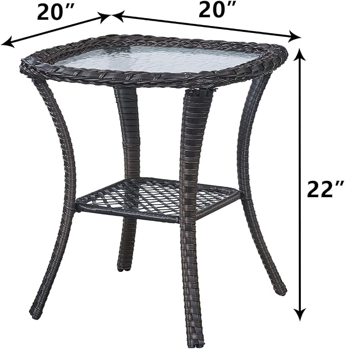 Outdoor Side Table Patio Tables - Wicker Coffee Table with Glass Top and 2-Shelf Storage Rattan End Table Square for Outdoor Patio Porch Deck Balcony Garden(Brown/Glass Top)