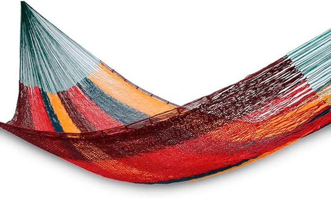 NOVICA Red Yellow Brown Striped Hand Woven Cotton Mayan 1 Person Rope Hammock, 'Red Wine Sunset' (Single)