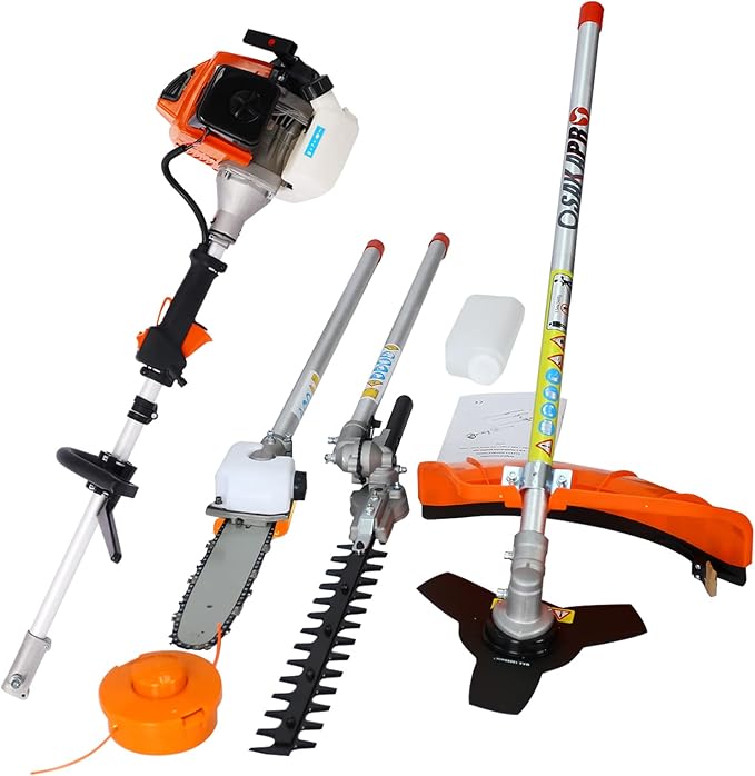 63CC 2-Cycle String Trimmer Edger Weed Eater, 4-in-1 Multi Garden Tools with Gas Pole Saw, Hedge Trimmer, Grass Trimmer and Brush Cutter EPA Compliant, Lawn Mower Weed Wacker for Yard Lawn (Orange)