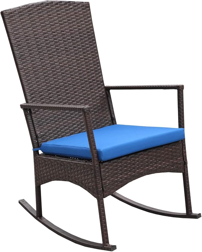 Outdoor PE Wicker Rocking Chair 3-Piece Patio Rattan Bistro Set 2 Rocker Armchair and Glass Coffee Side Table Furniture, Washable Lacing Cushion (Royal Blue)