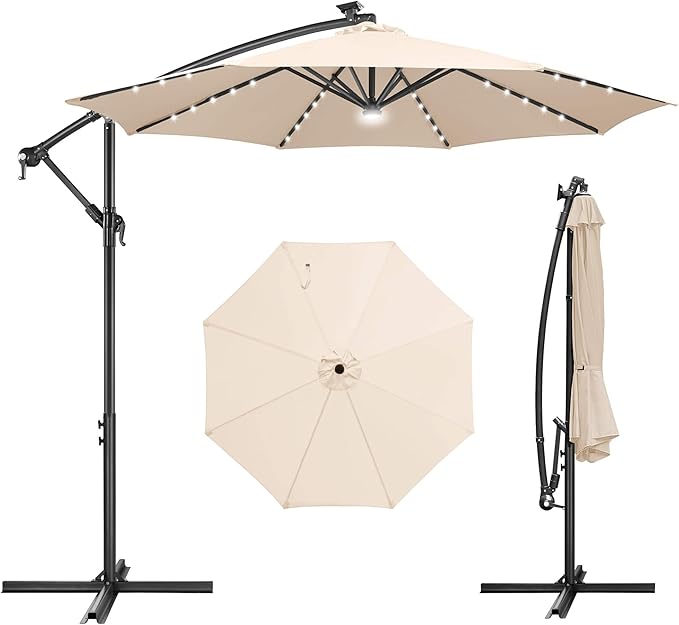 FLAME&SHADE 10ft Solar Cantilever Umbrella with 40 LED Lights, Lighted Large Offset Outdoor Patio Umbrellas, 8 Sturdy Ribs, UPF50+ UV Protection for Pool Deck Garden Yard, Beige
