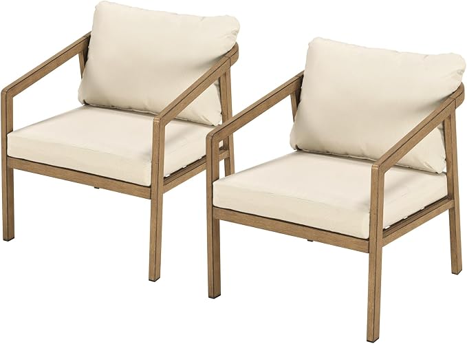 Teak Patio Sofa Chairs Set of 2, Never-Rust Aluminum Outdoor Armchair with Removable Cushions, All Weather 2 Pieces Outdoor Club Chairs, Outdoor Sofa Chairs for Garden, Porch, Balcony