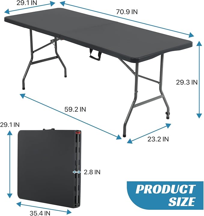 6Ft Folding Table Foldable Table Portable Indoor Outdoor Plastic Heavy Duty Fold Up Table Dining Picnic Table with Lock Function Black, 70.9 x 29.1 x 29.1 inches