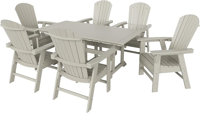 WestinTrends Dylan Adirondack Outdoor Dining Set for 6, All Weather Poly Lumber Patio Table and Chairs Set of 6, 71" Trestle Outdoor Table and Seashell Adirondack Dining Chair, Sand