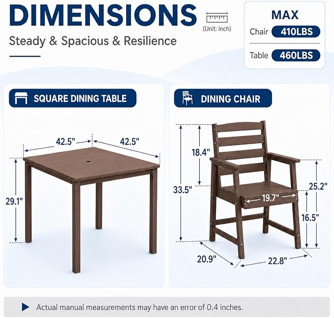 HDPE Outdoor Dining Set for 4, Square Table & Chairs Set | • All-Weather Polywood Composite • 410 lbs Heavy-Duty Support • Built-In 2" Umbrella Hole • Easy Soap-Water Wash