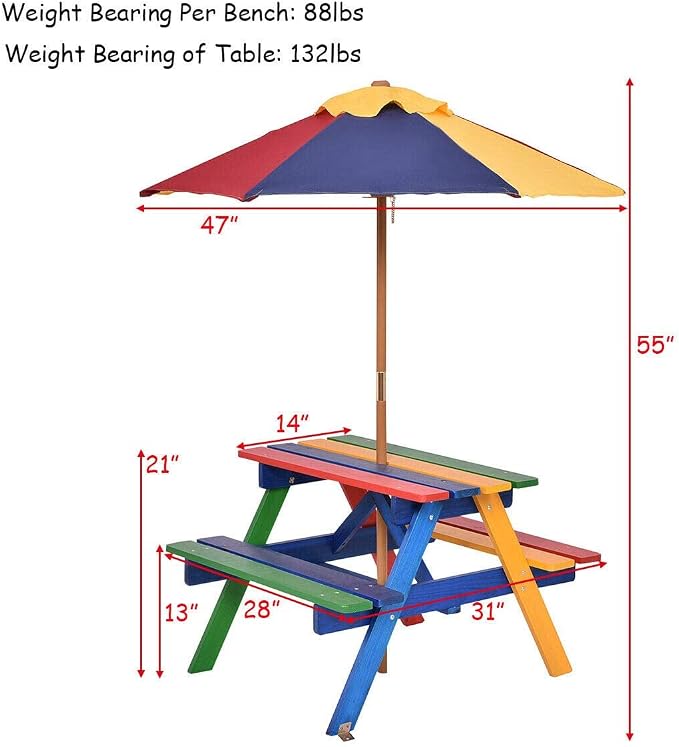 KOTEK Kids Picnic Table, Wooden Outdoor Table and Bench Set with Umbrella, Children Patio Furniture for Eating & Playing, Toddler Picnic Table for Backyard Garden, Gift for Boys Girls (Rainbow)