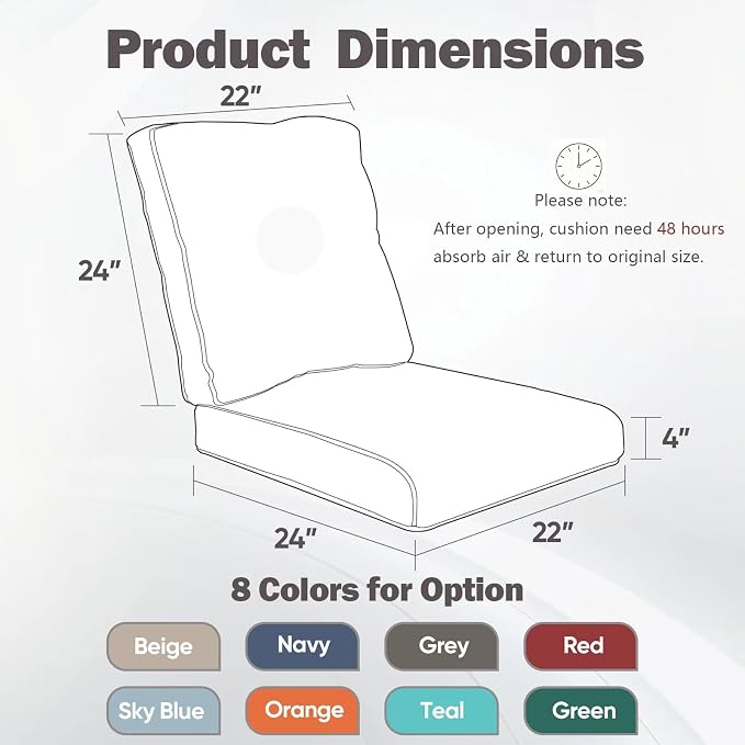 22*24*4in Outdoor Patio Cushions, 1 Piece Grey Smile Back Cushion | High Back Patio Cushions, Water-Resistant, Reversible, Removable Cover, Stain-Resistant, for Patio Chairs Sofa Couch