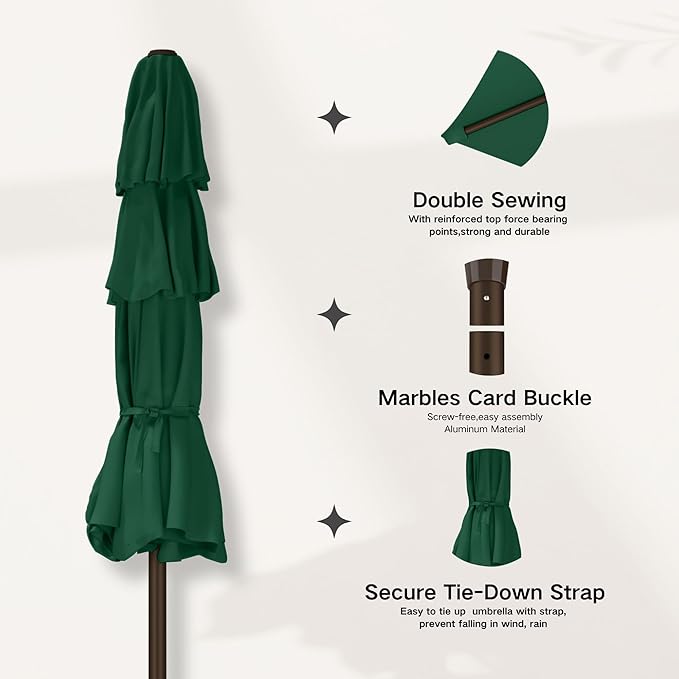 Kingdura 9ft 3-Tier Patio Umbrella with Solar Lights, Table Umbrella Outdoor Patio with Easy Crank & Tilt, 8 Sturdy Ribs, UV Protection, 32 LED Lights for Deck, Poolside, Market (Dark green)