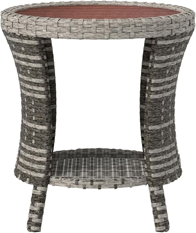Outdoor Wicker Side Table Hourglass Shape Rattan Patio Table with Storage Shelf, All-Weather for Outside Patio, Porch, Garden, Grey
