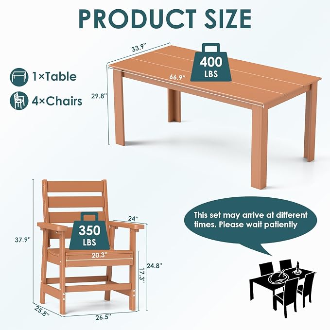 IVY&LANE Outdoor 5-Piece Dining Set for 4 | HDPE | 67’’ Rectangle Table and Chairs | Patio Furniture Sets | All Weather | Umbrella Hole | Teak | for Poolside Lawn Garden Backyard