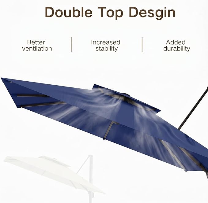 Kingdura Cantilever Patio Umbrella with Double Top Vent, Large Square Aluminum Outdoor Offset Umbrella with 360-degree Rotation, Infinite Tilt, UV Protection for Pool Deck Garden Patio
