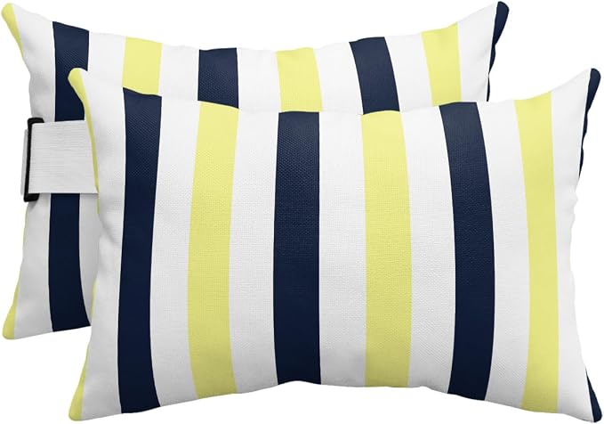 Outdoor Pillows Waterproof Covers Set of 2, Navy Blue Yellow Stripes Adjustable Elastic Chaise Lounge Headrest Pillow Covers, Contrast Striped Lumbar Pillow for Pool Patio Furniture 11x16 Inch