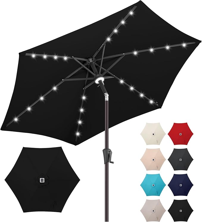 Jarka&Co 7.5ft Solar Patio Umbrella - Lighted Solar Outdoor Umbrella with 24 LED Lights Waterprool UV Protection, Market Table Umbrella with Tilt for Backyard, Garden, Pool, Porch (Black)