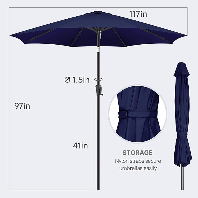 FLAME&SHADE 10 ft Outdoor Market Patio Table Umbrella with Fiberglass Rib Tips and Tilt,Navy Blue