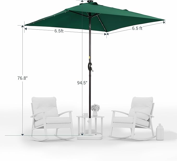 Square Patio Umbrella With Solar Lights, 6.5x6.5ft Square Umbrella Outdoor Patio with Tilt and Crank for Pool, Deck, Garden,Backyard