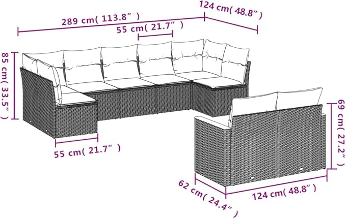 9 Piece Patio Sofa Set with Cushions, Patio Conversation Set Front Porch Furniture Outdoor Sofa Sets Sectional Sofa for Piazza Garden Negotiation Area Exhibition Black Poly Rattan