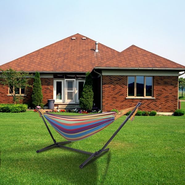 Double Portable Polyester Hammock with Strong Steel Stand for Camping, Backyard, Patio, Beach, and Garden Relaxation, 135Kg Load Capacity
