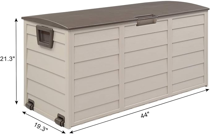 75 Gal Large Outdoor Storage Box, Deck Box with Lockable Lid, Patio Storage Box Storage Bin with 2 Wheels for Indoor Outdoor Furniture, Garden Tools, Easy Assembly (Brown)