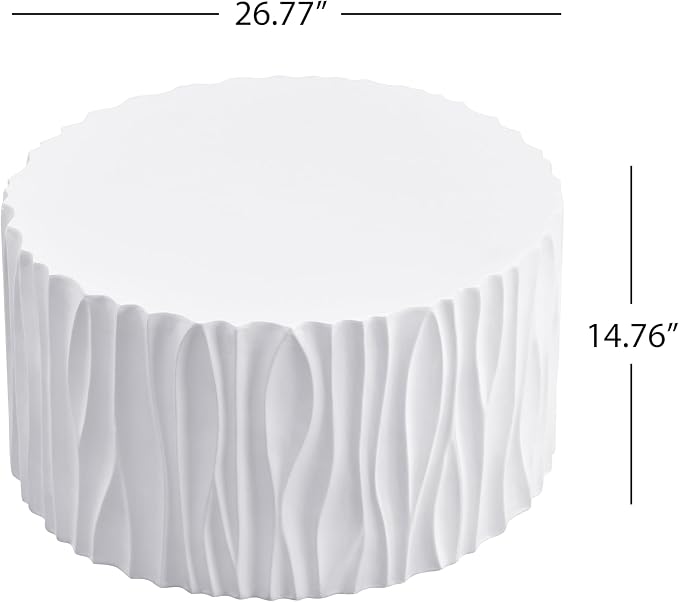 White Coffee Table with Wavy Fluted Side, Modern Round MGO Magnesium Oxide Center Table Assembly-Free for Patio Garden Balcony Outdoor 26.77" x 14.76"