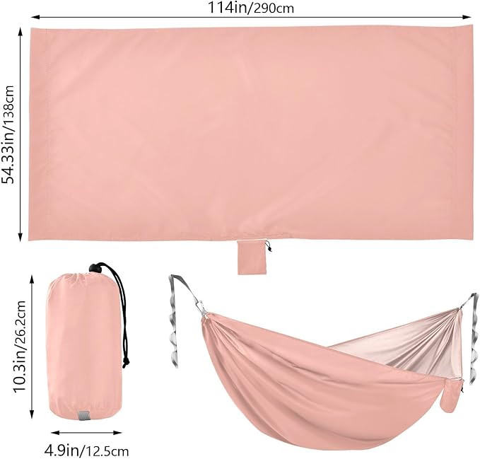 Pink Solid Color Camping Hammock, Portable Lightweight Single Hammock with Tree Straps and Aluminum Carabiners, 114" x 54" Travel Hammock for Hiking Backpacking Beach