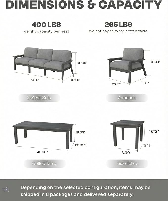 HDPE Patio Furniture Set 8 Seats, Outdoor Couch with Washable Thick Gray Cushions & Side Table, Outdoor Sectional Furniture for Backyard, Deck, Lawn, Porch (Gray Frame)