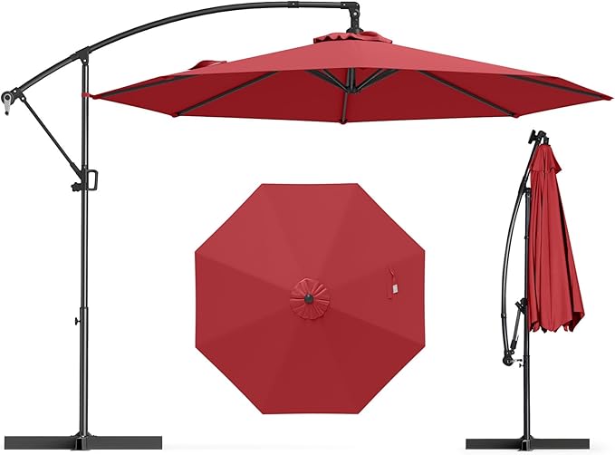 Tangkula 10 FT Patio Offset Umbrella, Hanging Cantilever Umbrella w/X-shaped Base & 360° Rotation, Smooth Crank Handle, Vented Top, Outdoor Market Umbrella for Backyard, Deck (Red)
