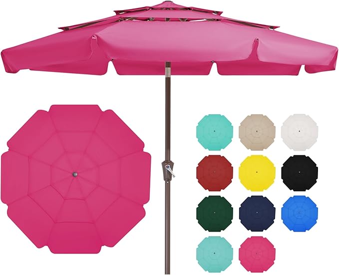 JEAREY 3 Tiers 9 FT Patio Umbrellas Outdoor Table Umbrella with Push Button Market Umbrella 8 Sturdy Ribs UV Protection Waterproof for Garden,Pink
