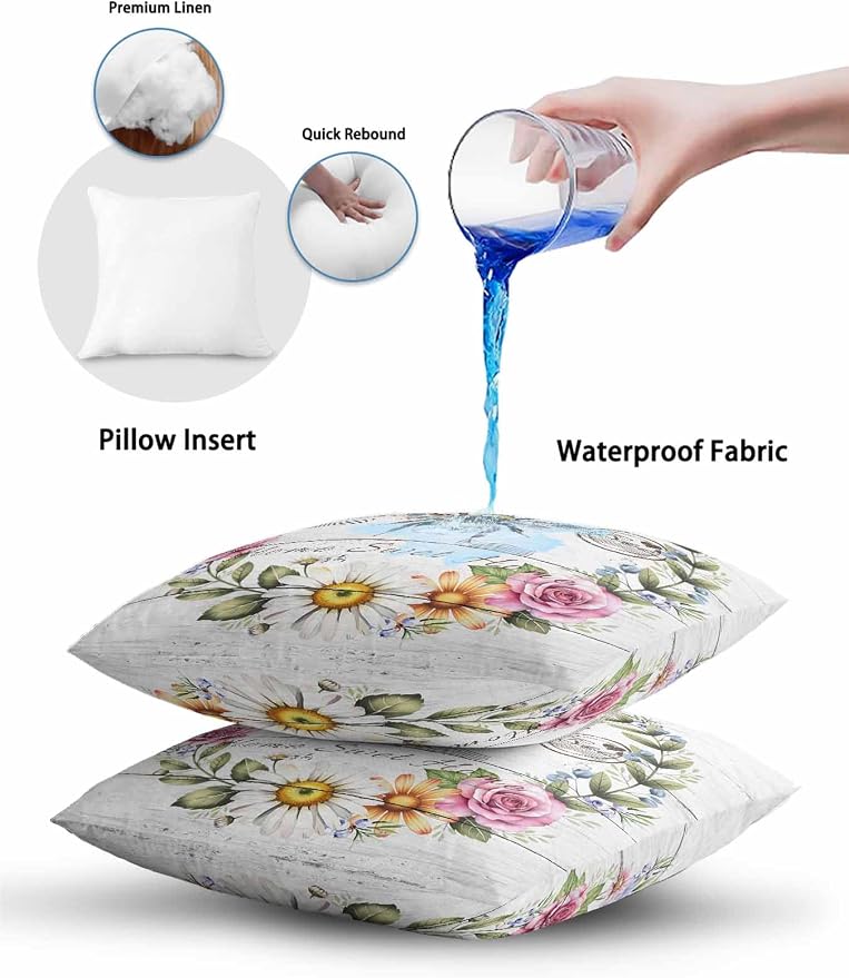 Outdoor Waterproof Throw Pillows Rustic Bee Flower Wreath Patio Pillows,Decorative Pillow Covers with Insert,Pillow Cushion Case for Garden Couch Sofa Farmhouse White Wood Board