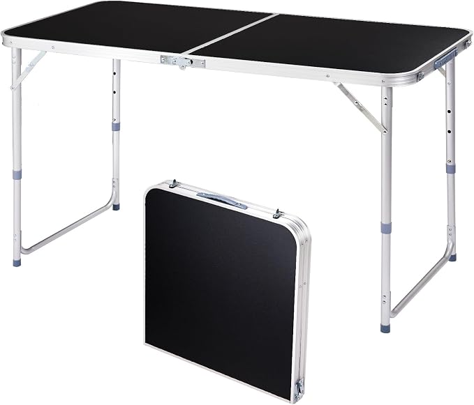 Folding Table 4 Foot - 3-Position Adjustable Height, Lightweight Fold-in-Half Utility Table for Outdoor Picnic BBQ Camping Fishing RV Beach, Aluminum Frame, MDF Desktop, with Carrying Handle