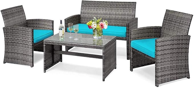 DORTALA 4 Piece Patio Furniture Set, Outdoor Wicker Conversation Set with Soft Cushions & Tempered Glass Coffee Table, Rattan Patio Sofa Bistro Sets for Courtyard Balcony, Turquoise