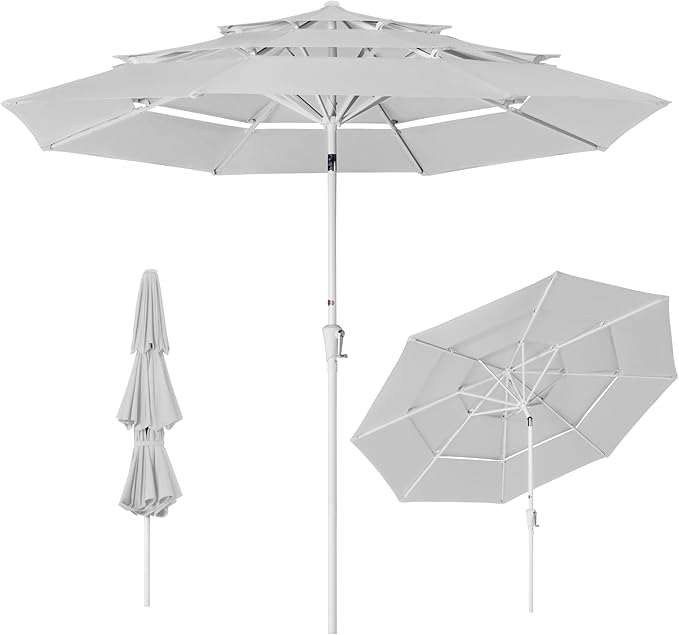 Best Choice Products 10ft 3-Tier Patio Umbrella White Pole, Outdoor Market Umbrella with Push Button Tilt and Crank Lift, Steel Pole Umbrella for Backyard Patio Pool Outdoor Shade