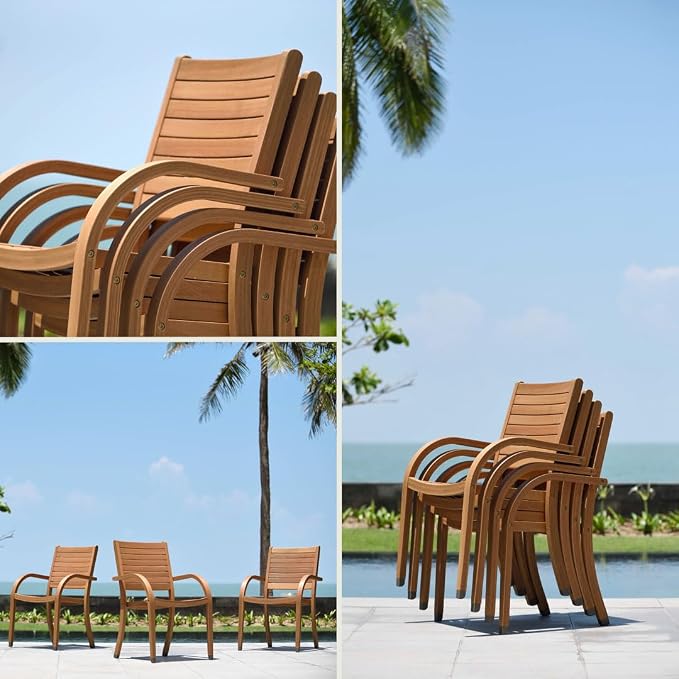Urban Elements Mykonos 9-Piece Rectangular Patio Furniture Set | 100% Certified Teak Table and Teak Finish Stackable Chairs | Backyard Furniture, Rectangular Outdoor Dining Set