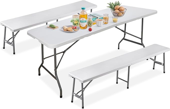 SUPER DEAL Folding Table Set with 2 Benches, 6 FT Camping Picnic Table Set, Outdoor Indoor Portable Furniture for Working Meeting Wedding Party w/Handle and Safety Lock, White