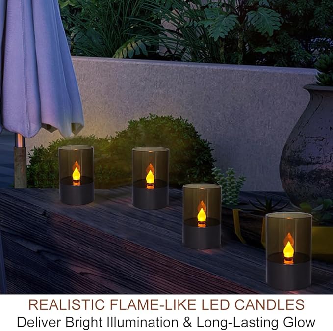 Bright Zeal 4.5" 4-Pack Brown Solar Flickering Candle Lights – Waterproof LED Flameless Pillar Candles for Outdoor Pathway, Garden & Patio, Battery Operated Decorative Lights for Spring & Summer