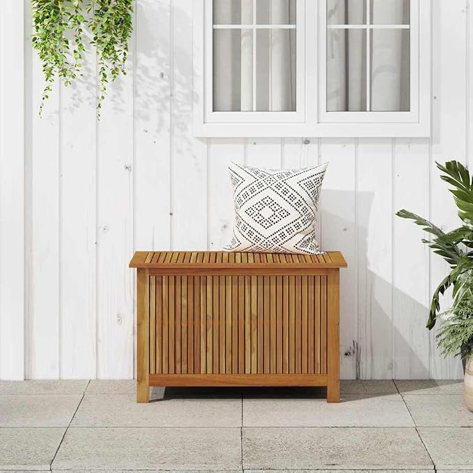 Outdoor Storage Box 35.4x19.7x22.8 Inches Solid Acacia Wood with Liner, Patio Furniture Bench Seat & Side Table for Cushions, Toys,Garden Tools,Rustic Deck Box for Backyard, Porch, Camping
