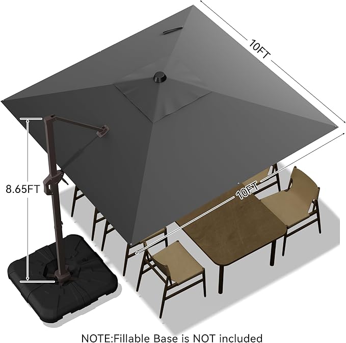 10x10FT Cantilever Outdoor Umbrella, 360° Rotating Large Offset Square Patio Umbrella, Ideal for Garden Backyard Deck Courtyard, Grey