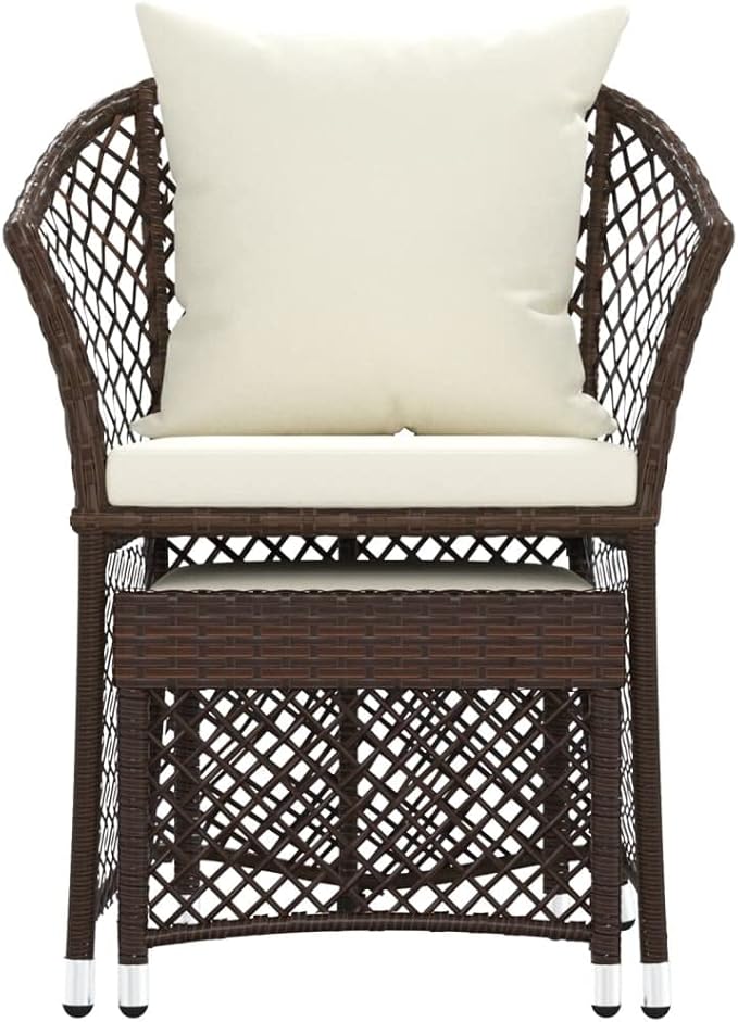 2 Piece Patio Lounge Set of Round Brown and White Poly Rattan Chairs with Steel Frame 16.9 x 16.5 x 14.4 in Small Outdoor Furniture for Balcony Garden Apartment Porch