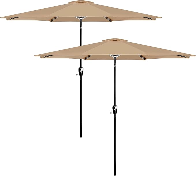 HealSmart 2pcs 9ft Patio Umbrella with Push Button Tilt/Crank, Outdoor Table Market Yard Umbrella with 8 Sturdy Ribs for Garden, Backyard, Deck, Pool, Tan