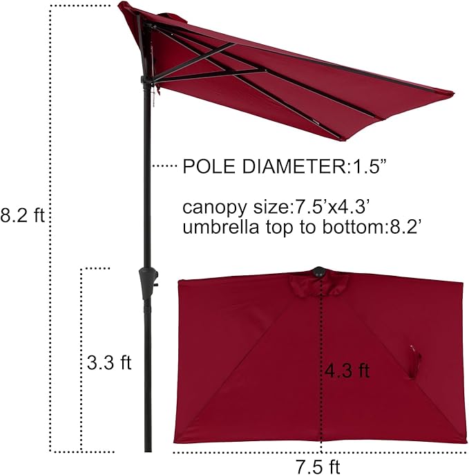 COBANA 7.5’by 4’Half Rectangular Outdoor Patio Umbrella for Patio, Balcony, Garden, Deck, Dark Red