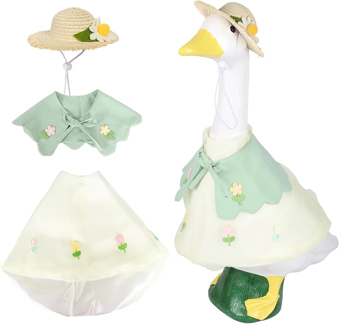 holoith 3 Pcs Summer Porch Goose Outfits for 23 inch Cement Goose Set | Outdoor Garden Statue with Gooses Outfit, Summer Garden Entrance Decoration, Includes Straw Hat, Collar, and Skirt