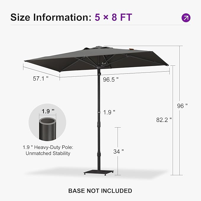 PURPLE LEAF 8' x 5' Rectangular Semi-Auto Outdoor Patio Umbrella Aluminium Market Umbrella Table Sun Umbrella with 1.89" Rod and 6 Sturdy Ribs for Deck Lawn Pool Garden, Gray