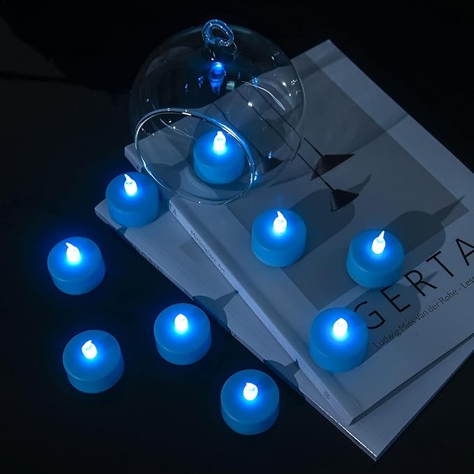 Hanzim LED Tea Lights Candles- 12PACK Blue Flameless Candles Realistic and Bright Flickering Long Lasting 200Hours for Holiday Celebration,Party, Home Decoration,Battery Operated