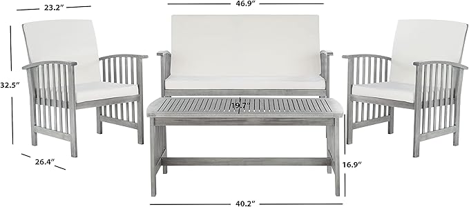 SAFAVIEH Outdoor Collection Rocklin Grey Wash/ Beige 4-Piece Conversation Patio Set with Cushions