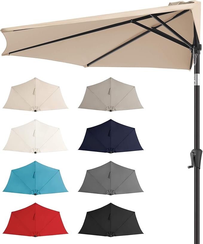 FLAME&SHADE 9ft Half Patio Umbrella - Half Outdoor Umbrella with Tilt UV Protection Waterprool, Half Round Table Umbrella for Wall Balcony, Pool, Porch, Garden, Deck, Market, Backyard (Beige)